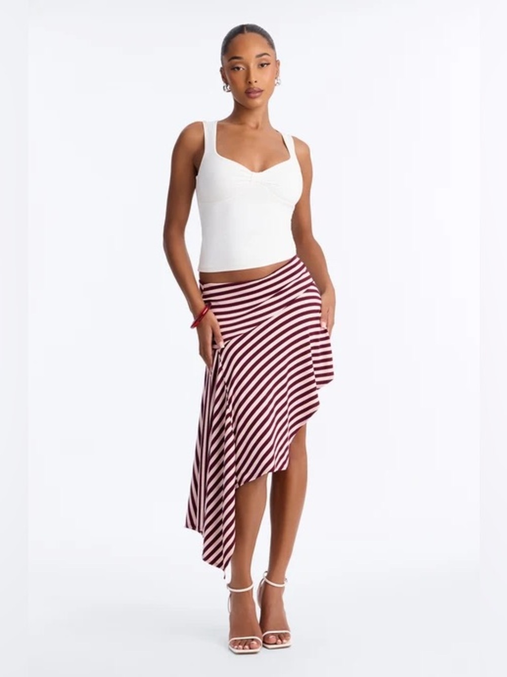 Fashion Nova Asymmetrical Striped Midi Skirt in Burgundy and Pink